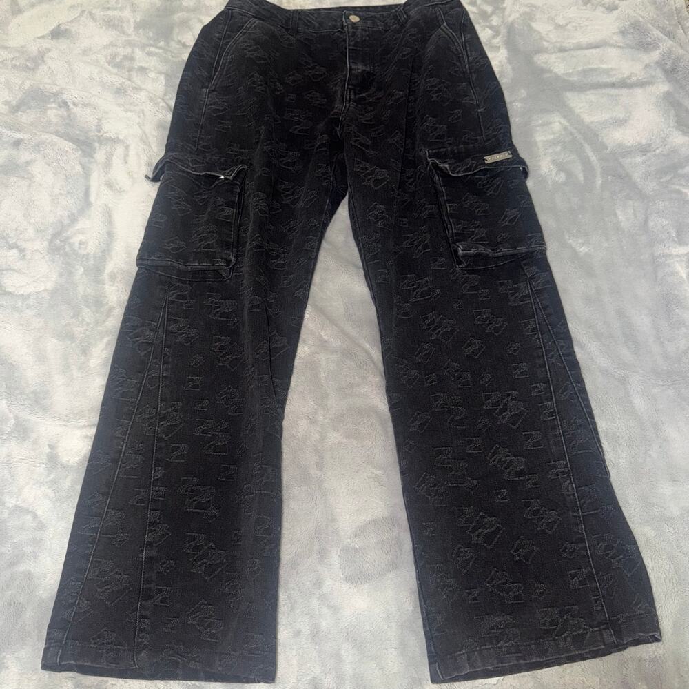 YoungLA Baggy Wide Leg Cargo Jeans Small Black Denim Streetwear Y2K